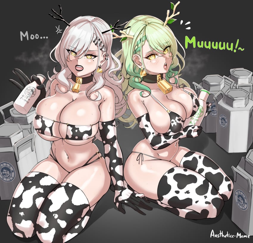 1girls aestheticc-meme ceres_fauna ceres_fauna_(goth_costume) cow_bikini cow_print cowkini green_hair hololive hololive_english human_cattle looking_at_viewer tagme virtual_youtuber voluptuous vtuber