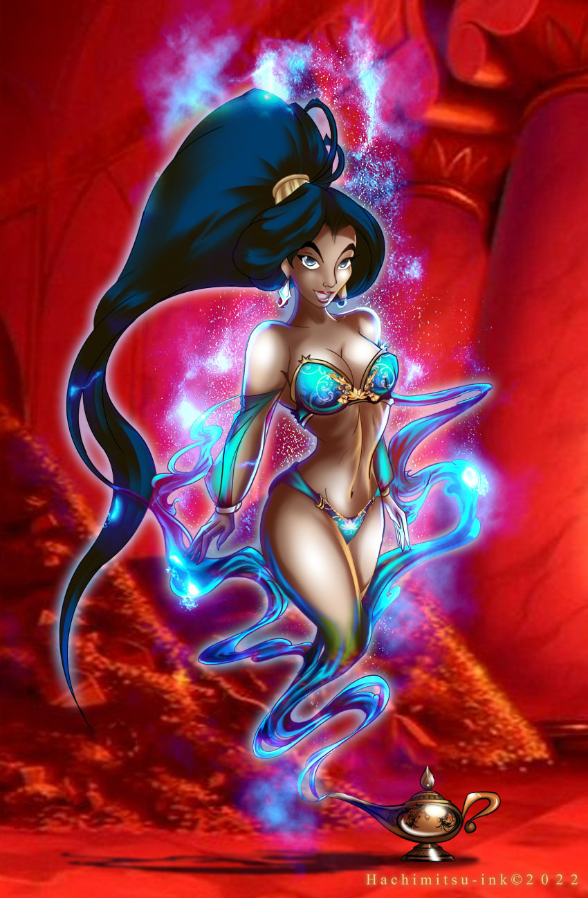 1girls 2022 aladdin aladdin_(1992_disney_film) bandeau bare_shoulders belly belly_button belly_dancer_outfit black_hair blue_bikini blue_bikini_bottom blue_bikini_top blue_eyes breasts color cuffs digital_media_(artwork) disney disney_princess earrings genie genie_girl genie_lamp genie_tail genie_transformation glowing hachimitsu-ink hourglass_figure jewelry lamp large_breasts magic open_mouth princess_jasmine red_floor seductive_look smoke_tail sparkles tanned_female tanned_skin thick_thighs thighs treasure treasure_hoard wide_hips