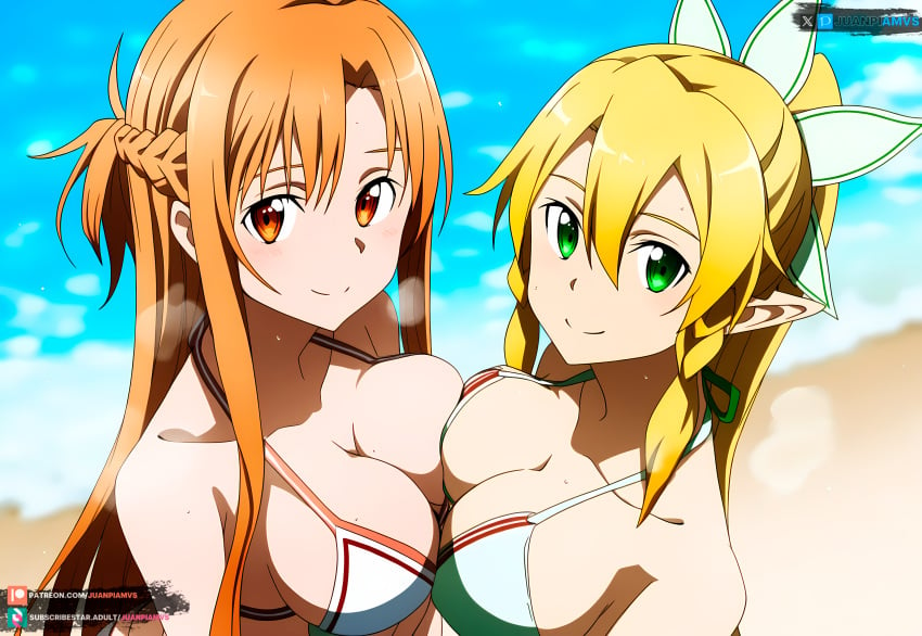 2girls ai_generated blonde_hair brown_eyes green_eyes juanpiamvs leafa long_hair patreon patreon_username subscribestar subscribestar_username sword_art_online watermark yuuki_asuna