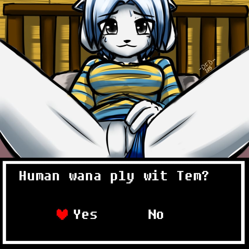 breasts clothing datfurrydude female furry game imminent_sex interspecies on_bed option presenting presenting_pussy short_hair solo_focus spread_legs sweat temmie temmie_(undertale) undertale video_games