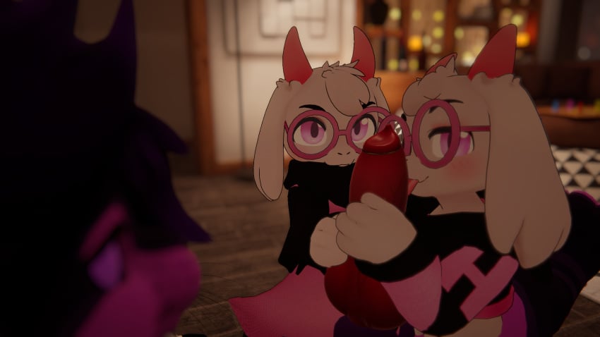 bottomless bunny_boy hard_cock holding_penis laying_down licking_penis ralsei vrchat