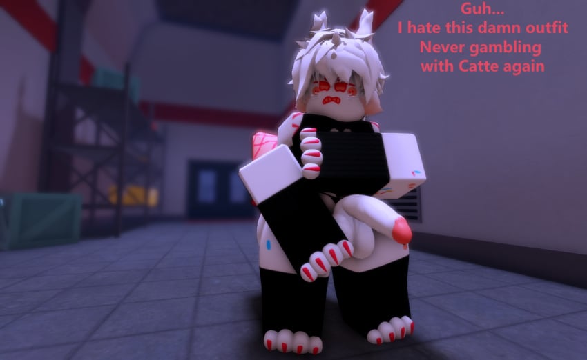 3d anthro arm_warmers balls cock crop_top disappointed disappointed_expression english_text femboy furry kaiju_paradise leg_warmers male ravenuwu roblox roblox_game robloxian self_upload sprinklekit_(kaiju_paradise) tagme text