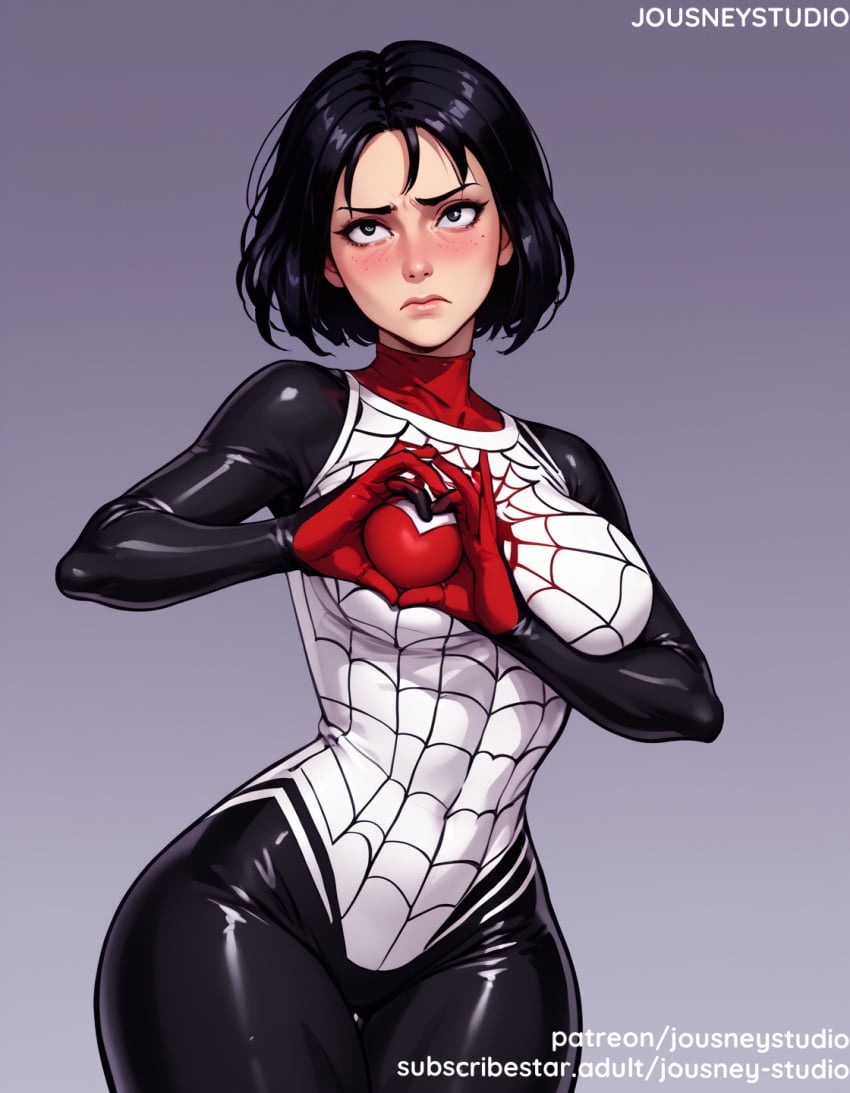 ai_generated animification black_bodysuit black_hair blue_bodysuit blush bodysuit breasts cindy_moon closed_mouth clothing covered_navel female female_only freckles frown gloves grey_eyes heart heart_hands jousneystudio large_breasts latex lips looking_at_viewer marvel marvel_comics medium_breasts nose_blush red_bodysuit shiny_clothes short_hair silk silk_(marvel) skin_tight solo spider-man:_into_the_spider-verse spider-man_(series) standing superhero text thigh_gap thighs tight_clothing wide_hips