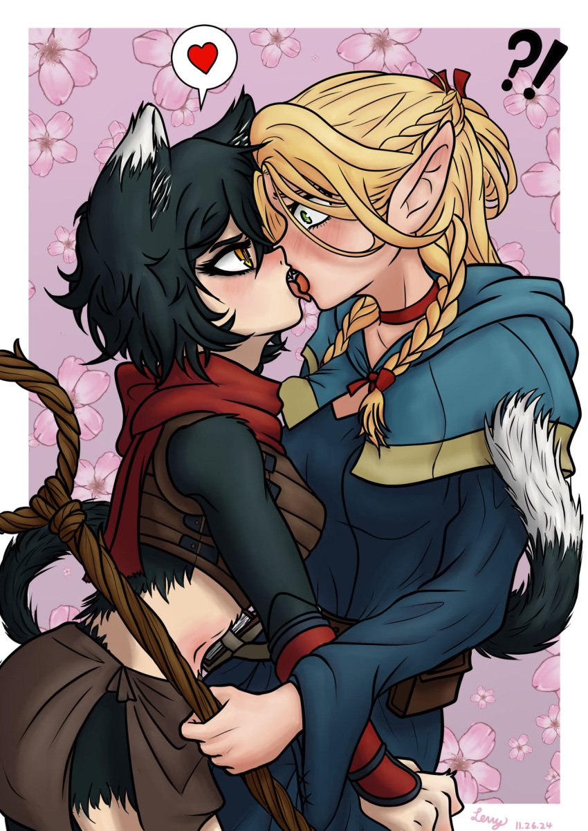 2girls black_fur blonde_hair blush cat_ears cat_humanoid delicious_in_dungeon dungeon_meshi elf elf_ears elf_female eye_contact female female_only flower_background french_kiss furry green_eyes izutsumi kissing long_hair looking_at_another making_out marcille_donato medium_breasts pointy_ears surprise_kiss surprised_expression tail tongue_kiss tongue_touching_another's_tongue tongues_touching yuri