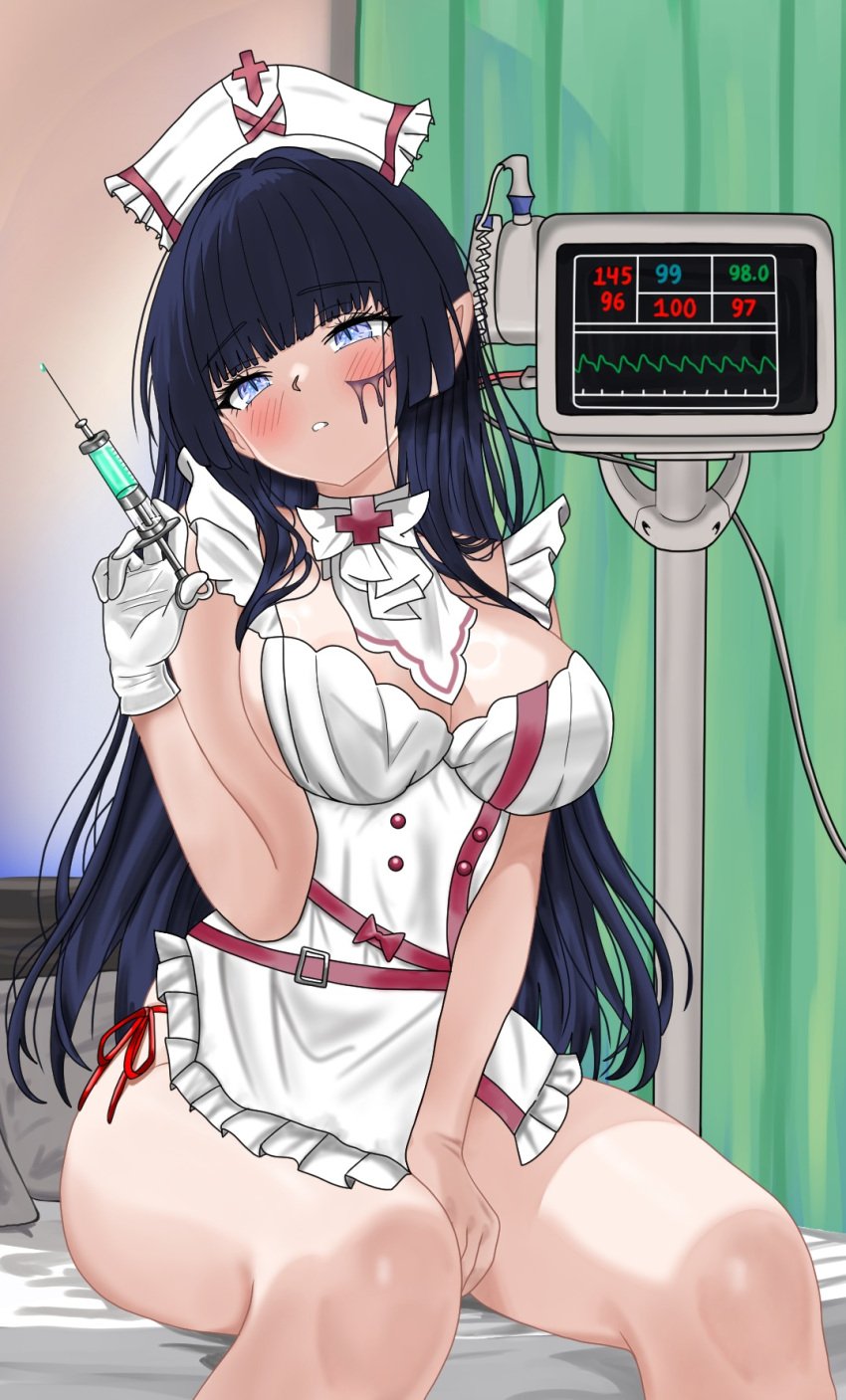 1girls black_hair blood_pressure_monitor blue_eyes blush breasts eyebrows_visible_through_hair huge_breasts indoors light-skinned_female light_skin lunalia nurse_cap nurse_uniform on_bed rem_kanashibari sleep_paralysis_demon syringe v4mirai virtual_youtuber xivanramirezx