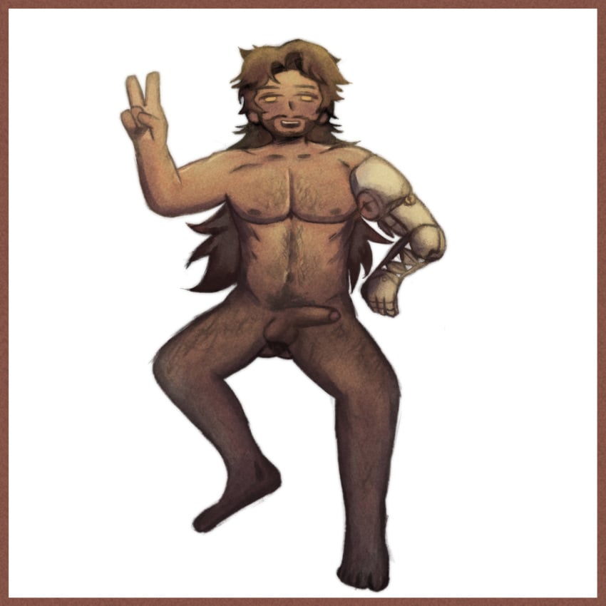 beard completely_nude completely_nude_male dark_skin hairy long_hair male male_only muscles no_background peace_sign penis prothesis reverse:1999 shamane_(reverse:_1999) uncircumcised uncut yellow_eyes