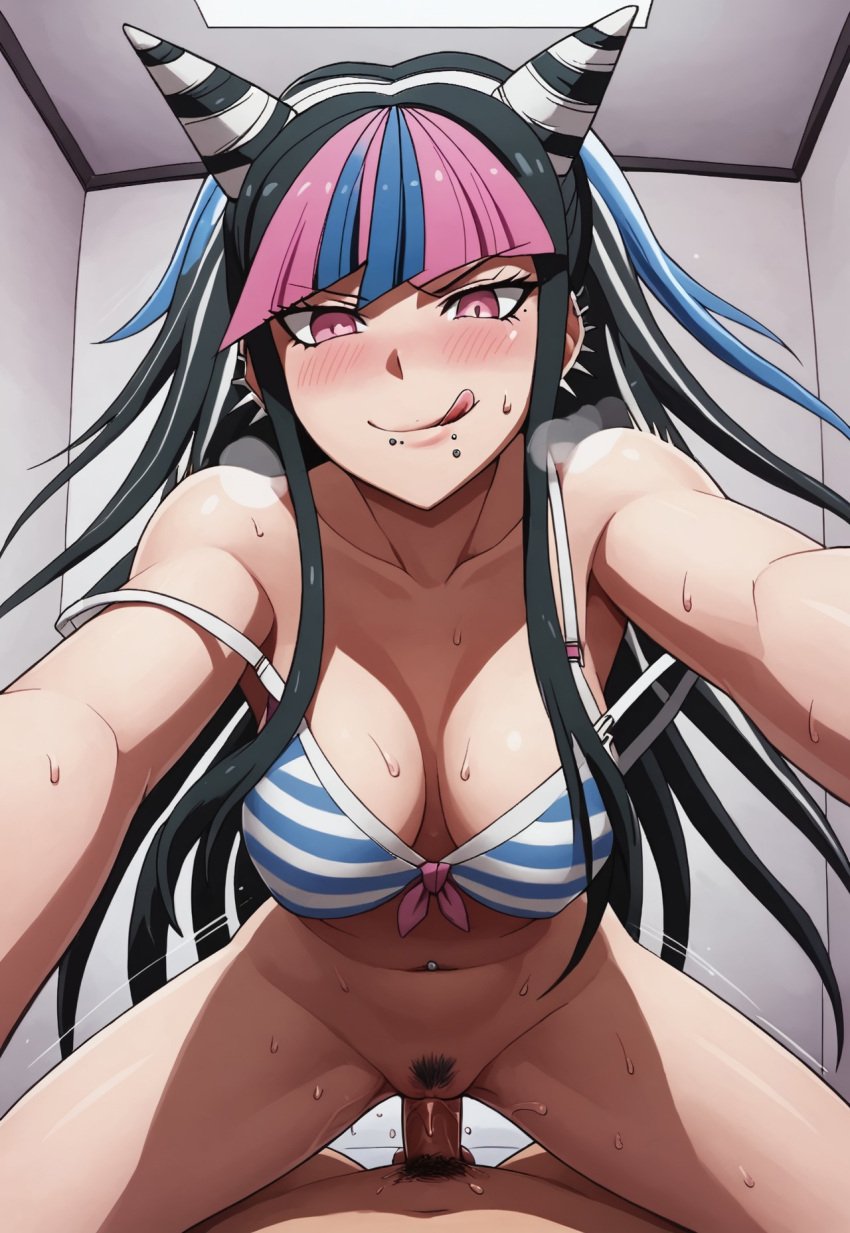 ai_generated belly_button_piercing cowgirl_position danganronpa danganronpa_2:_goodbye_despair first_person_view lewd medium_breasts mioda_ibuki pubic_hair sex sweat