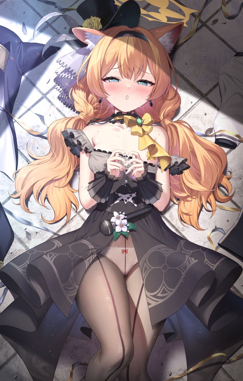 animal_ear_fluff black_headband black_overskirt black_pantyhose blue_archive blush breasts commentary_request cum cum_on_body cum_on_hands female flower flower_hat fluffy_hair grey_feathers halo hat hat_flower headband highres idol idol_clothes long_hair looking_at_viewer low_twintails lying mari_(blue_archive) mari_(idol)_(blue_archive) matanonki microphone mini_hat mini_top_hat off_shoulder official_alternate_costume orange_hair panties pantyhose rose sexually_suggestive small_breasts solo suggestive_fluid sweat top_hat twintails underwear unworn_clothes white_flower white_panties wrist_wrap yellow_flower yellow_halo yellow_pasties yellow_rose