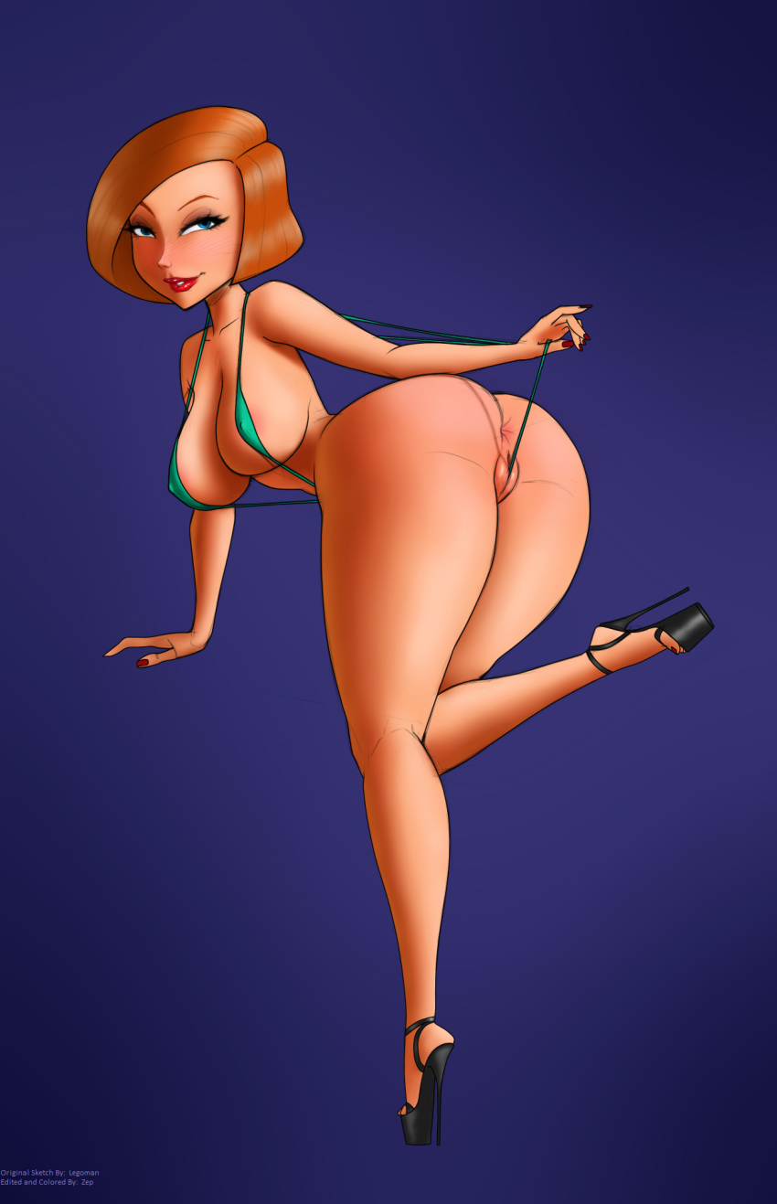 1girls alternate_breast_size ann_possible anus ass big_breasts bikini blue_eyes blush breasts bubble_butt color colored dat_ass disney female female_only flossing full_body heels high_heels human kim_possible large_ass large_breasts legoman makeup milf open_toe_shoes panty_pull pussy red_hair sling_bikini solo straight_hair swimsuit swimsuit_aside zep