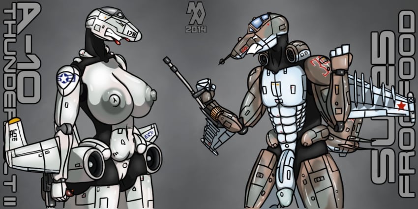 2014 2:1 a-10 a-10_thunderbolt_ii aeromorph artist_logo big_breasts black_body breasts brown_body dated duo female genitals grey_background gun holding_gun holding_object holding_ranged_weapon holding_weapon humanoid_genitalia humanoid_penis humanoid_pussy lips living_machine logo machine male narrowed_eyes nude penis pussy ranged_weapon red_lips romman08 simple_background standing su-25_frogfoot weapon white_body