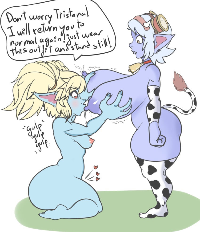 2girls 4_fingers areolae bell_collar big_breasts blonde_hair blue_body blue_skin breasts collar cow_print cow_print_thighhighs cow_tail dialogue female heart-shaped_pupils holding_breast huge_breasts hunkhanks lactation large_breasts league_of_legends milk nipples nude nude_female pointy_ears poppy purple_nipples riot_games short_hair small_breasts sucking_nipples text tristana twintails white_hair yordle