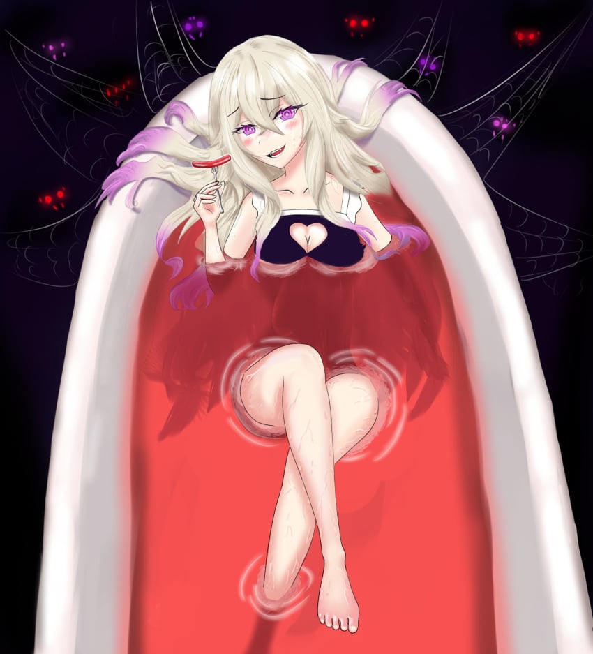 1girls barefoot bathing bathtub blonde_hair blush breasts eyebrows_visible_through_hair feet female female_only food fork heart_cutout huge_breasts in_bathtub light-skinned_female light_skin mayuno_a._charlotte open_mouth purple_eyes purple_hair sausage solo spider_web spiders terrowyne two_tone_hair virtual_youtuber vols web