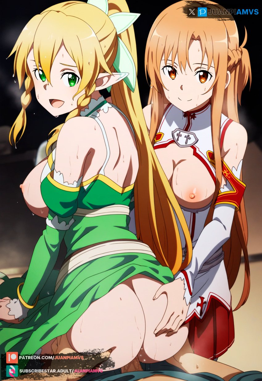 2girls ai_generated blonde_hair brown_eyes green_eyes juanpiamvs leafa long_hair patreon patreon_username subscribestar subscribestar_username sword_art_online watermark yuuki_asuna