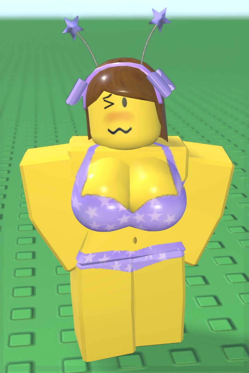 1girls 3d bikini bloxzrd blush breasts brown_hair female female_only purple_bikini purple_ribbons roblox roblox_avatar robloxian tagme yellow_body yellow_skin