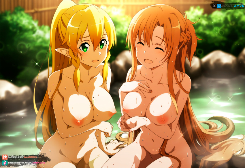 2girls ai_generated blonde_hair brown_eyes green_eyes juanpiamvs leafa long_hair patreon patreon_username subscribestar subscribestar_username sword_art_online watermark yuuki_asuna