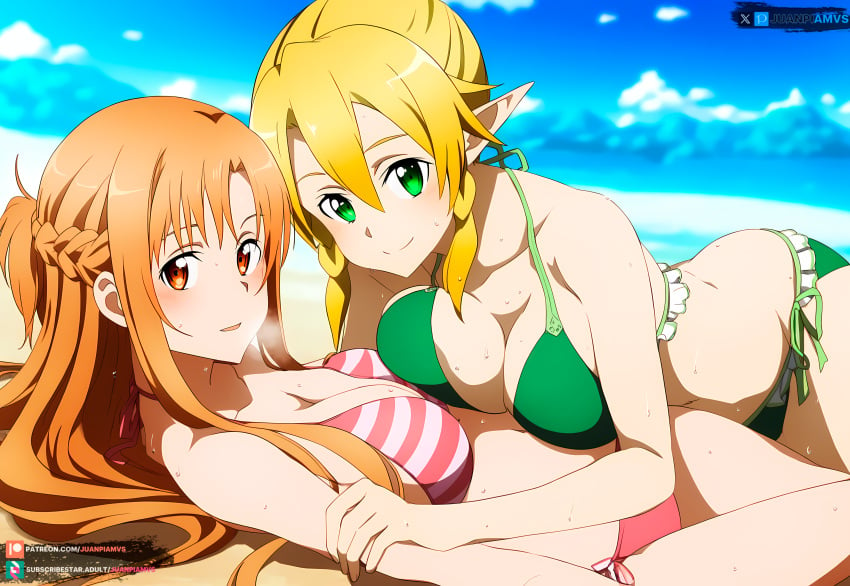 2girls ai_generated blonde_hair brown_eyes green_eyes juanpiamvs leafa long_hair patreon patreon_username subscribestar subscribestar_username sword_art_online watermark yuuki_asuna