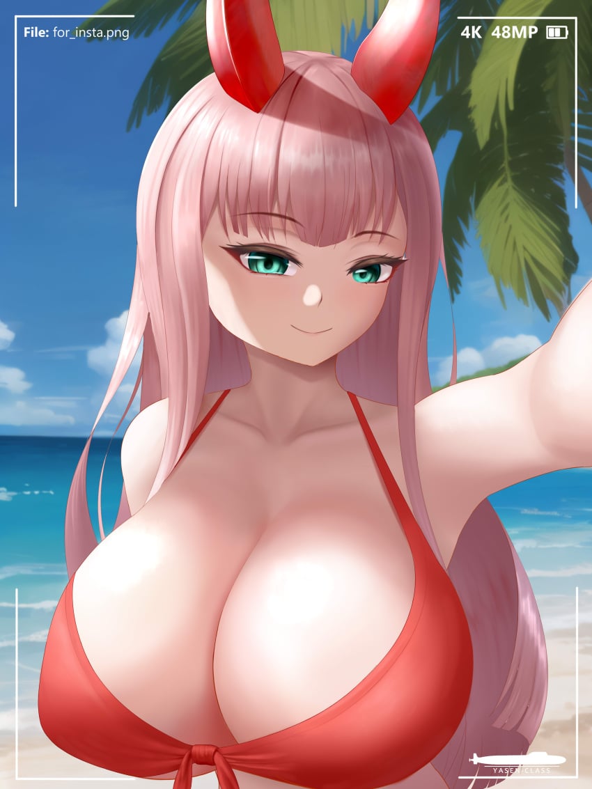 1girls absurd_res alternate_breast_size alternate_horns artist_name big_breasts bikini bikini_top breasts breasts_bigger_than_head collarbone darling_in_the_franxx eyebrows_visible_through_hair eyelashes female female_focus female_only highres huge_breasts large_breasts large_horns long_hair looking_at_viewer mature_female no_ai not_ai_generated pink_hair posing red_bikini selfie skindentation sky smile smirk smug standing swimsuit tagme tight_clothing yasenclass zero_two_(darling_in_the_franxx)