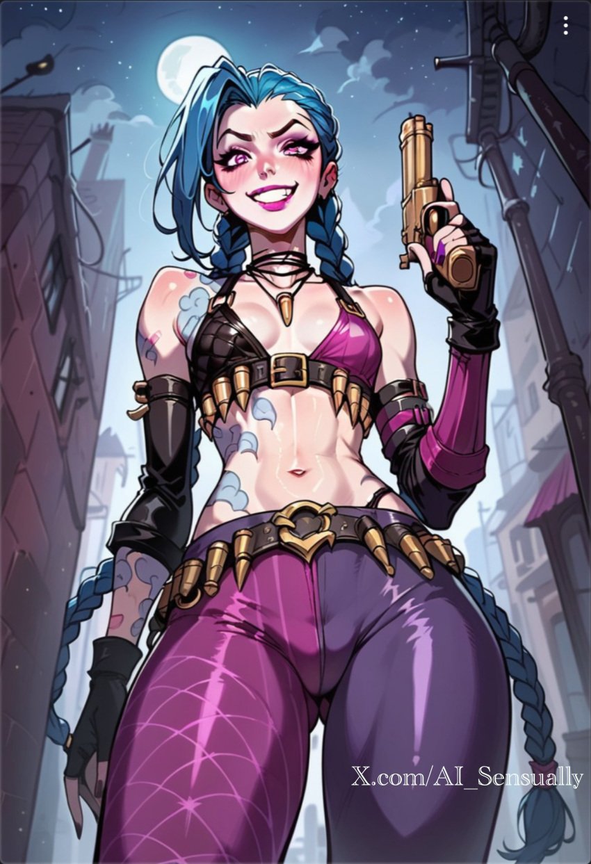 1girls 2d ai_generated ai_sensuality arcane arcane_jinx blue_eyes blue_hair cleavage clothed clothing crazy_eyes jinx_(league_of_legends) league_of_legends perky_breasts small_breasts smile smiling_at_viewer sole_female tattoo wide_hips