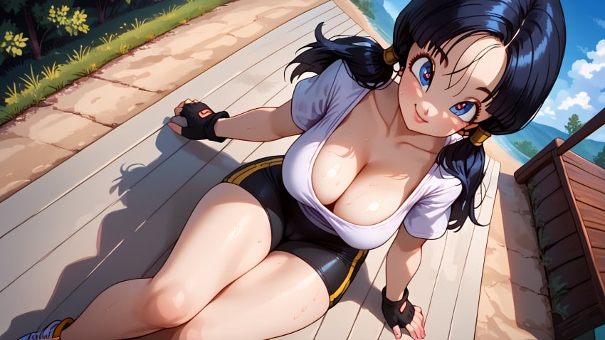 1girls ai_generated big_ass bike_shorts black_hair blue_eyes blush cameltoe cleavage dragon_ball_z gloves large_breasts legs_together long_hair looking_at_viewer looking_up_at_viewer outdoors sitting slim_waist smiling smirk sweat thick_thighs tight_clothing twintails videl white_shirt wide_hips