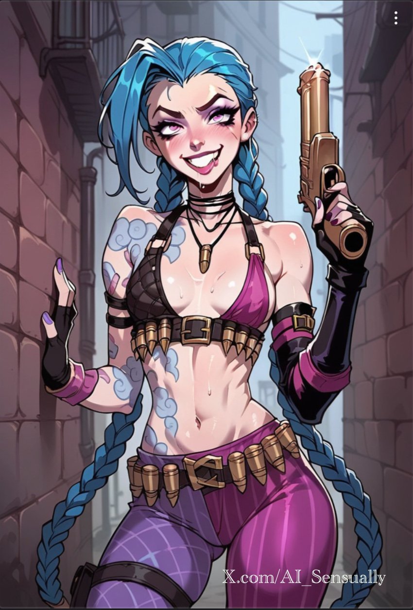 1girls 2d ai_generated ai_sensuality arcane arcane_jinx blue_eyes blue_hair cleavage clothed clothing crazy_eyes jinx_(league_of_legends) league_of_legends perky_breasts small_breasts smile smiling_at_viewer sole_female tattoo wide_hips