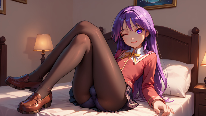 1boy ai_generated bedroom bulge crossdressing happiness! indoors leaning_forward long_hair looking_at_viewer on_back on_bed one_eye_closed otoko_no_ko panties pantyhose purple_eyes purple_hair school_uniform shoes skirt smiling trap watarase_jun