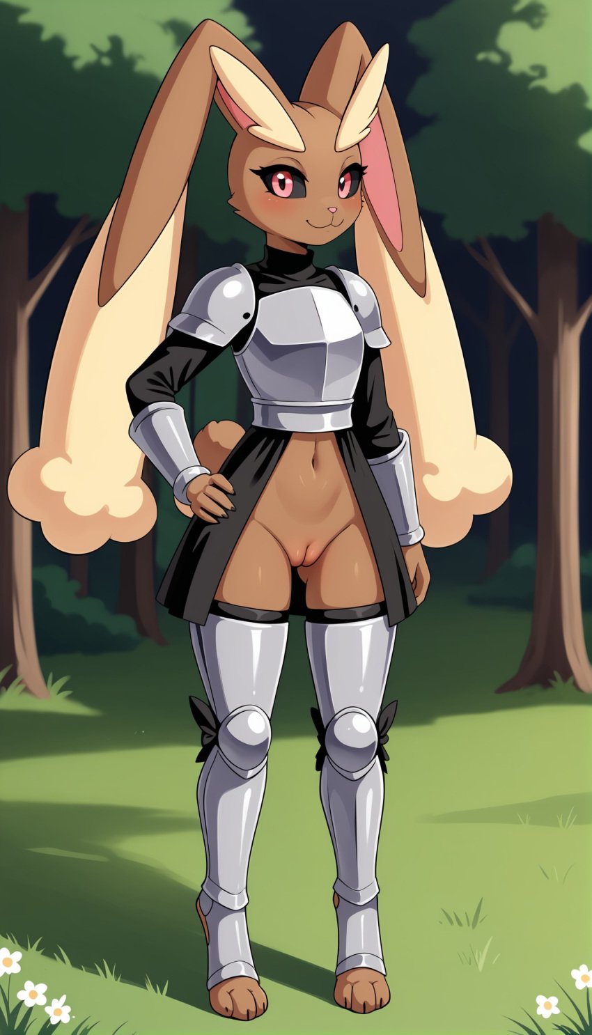 1girls 2024 ai_generated anthro armor black_sclera blushing bottomless bottomless_female brown_fur digitigrade female female_only generation_4_pokemon hand_on_hip hi_res innie_pussy knight looking_at_viewer lopunny nintendo outdoors pink_eyes plump_labia pokemon pokemon_(species) pussy rabbit smile