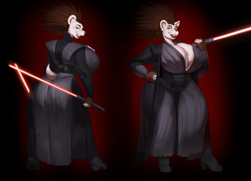 anthro ass big_breasts big_butt bottomwear breast_tuft breasts cleavage clothed clothing eulipotyphlan female hair hedgehog hi_res huge_breasts huge_butt justmegabenewell lightsaber lips looking_at_viewer mammal melee_weapon rahn_(denzshadow) sith sith_lord solo spiky_hair star_wars thick_bottom_lip topwear weapon