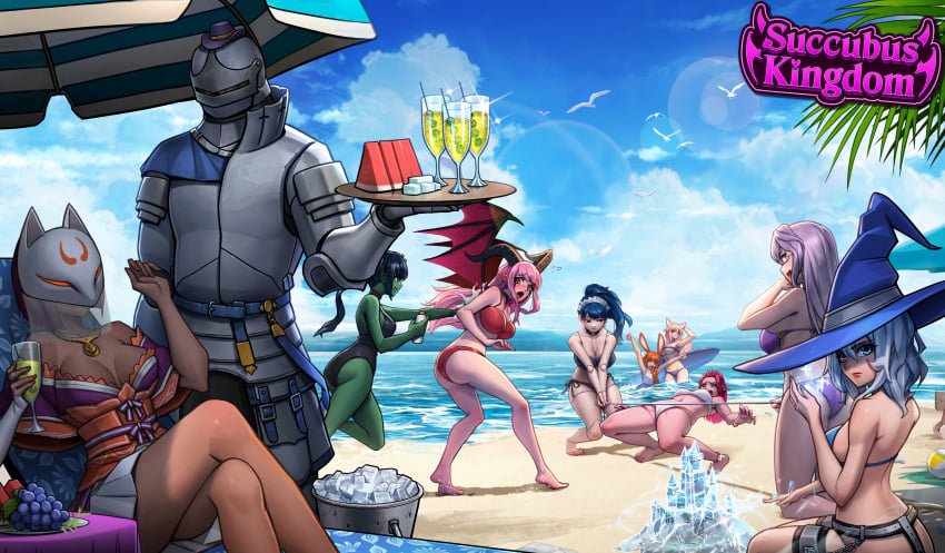 1boy 6+girls absurdres aimi_(succubus_kindom) animal_ears armor azula_(succubus_kingdom) beach belle_(succubus_kingdom) bikini champagne_flute chastity_belt chiara_(succubus_kingdom) colored_skin crossed_legs cryokinesis cup dark-skinned_female dark_skin day demon_girl demon_horns demon_wings doll_joints drinking_glass elf_female elf_girl food fox_mask fruit fudge_(succubus_kingdom) full_armor glasses grapes green_skin harin_(succubus_kingdom) hat highres holding holding_tray horns ice ice_bucket ice_cube joints kemonomimi kneeling knight layla_lopez_(succubus_kingdom) limbo long_hair looking_at_viewer maid_headdress mask mini_hat monster_girl multiple_girls non-web_source norshie one-piece_swimsuit outdoors queen rabbit_ears rabbit_girl short_hair sitting slime_girl standing succubus succubus_kingdom surfboard swimsuit tan thigh_bands tray umbrella vera_(succubus_kingdom) very_long_hair water watermelon watermelon_slice wincent_(succubus_kingdom) wings witch_hat yunatia_luciferia_(succubus_kingdom)