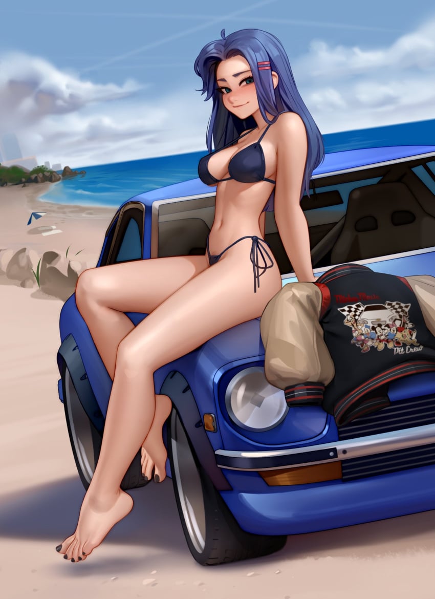 beach bikini bikini_bottom bikini_top black_nail_polish black_nails blue_hair car feet green_eyes kairuhentai kairunoburogu looking_at_viewer sitting_on_car smiling_at_viewer