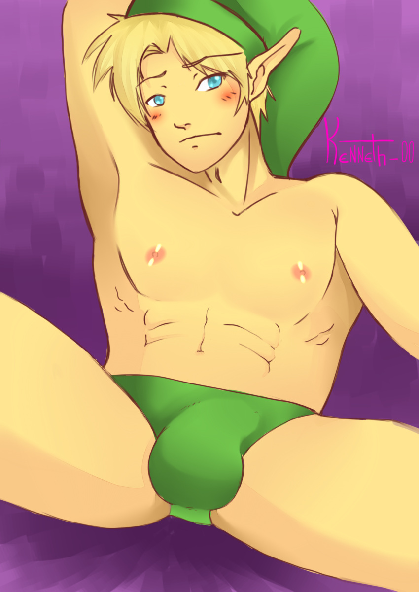 abs blonde_hair blue_eyes blush blushing briefs bulge colored embarrassed hat hylian kenneth-00 link male male_only male_underwear moose_knuckle solo solo_male the_legend_of_zelda underwear