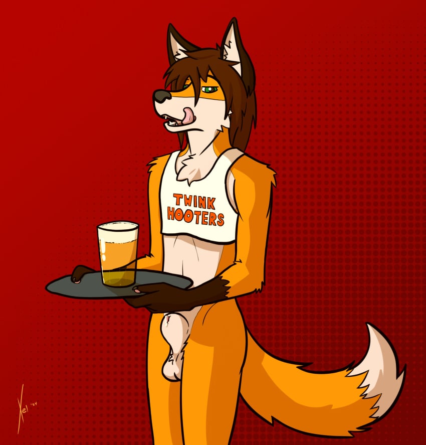 alcohol animal_genitalia anthro balls beer beer_glass beverage bodily_fluids canid canine clothing femboy fox fully_sheathed genital_fluids genitals green_eyes hi_res hooters licking licking_lips male mammal precum sheath shirt solo tongue topwear tray xel_(artist) xel_(character)