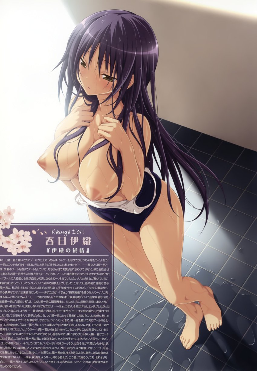 absurdres areolae barefoot blush breasts breasts_out brown_eyes female highres kasuga_iori koku large_breasts long_hair mirai_nostalgia nipples open_mouth puffy_nipples purple_hair shower solo standing swimsuit_pull tile_floor tiles topless water wet