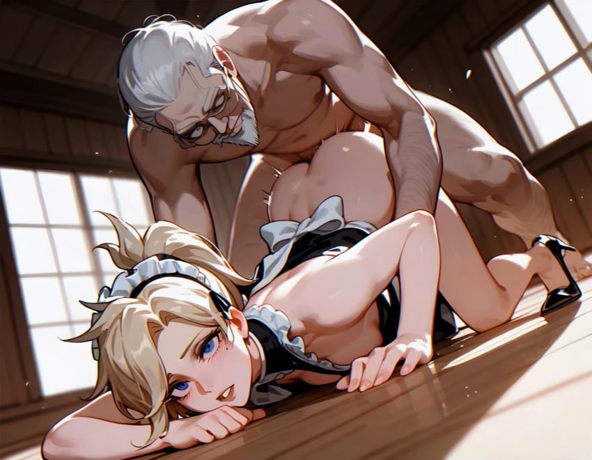 ai_generated ass ass_focus ass_up blonde_hair blue_eyes bottom_up_top_down cum_in_pussy doggy_style floor heels maid maid_uniform mercy nude older_male overwatch overwatch_2 past21 younger_female