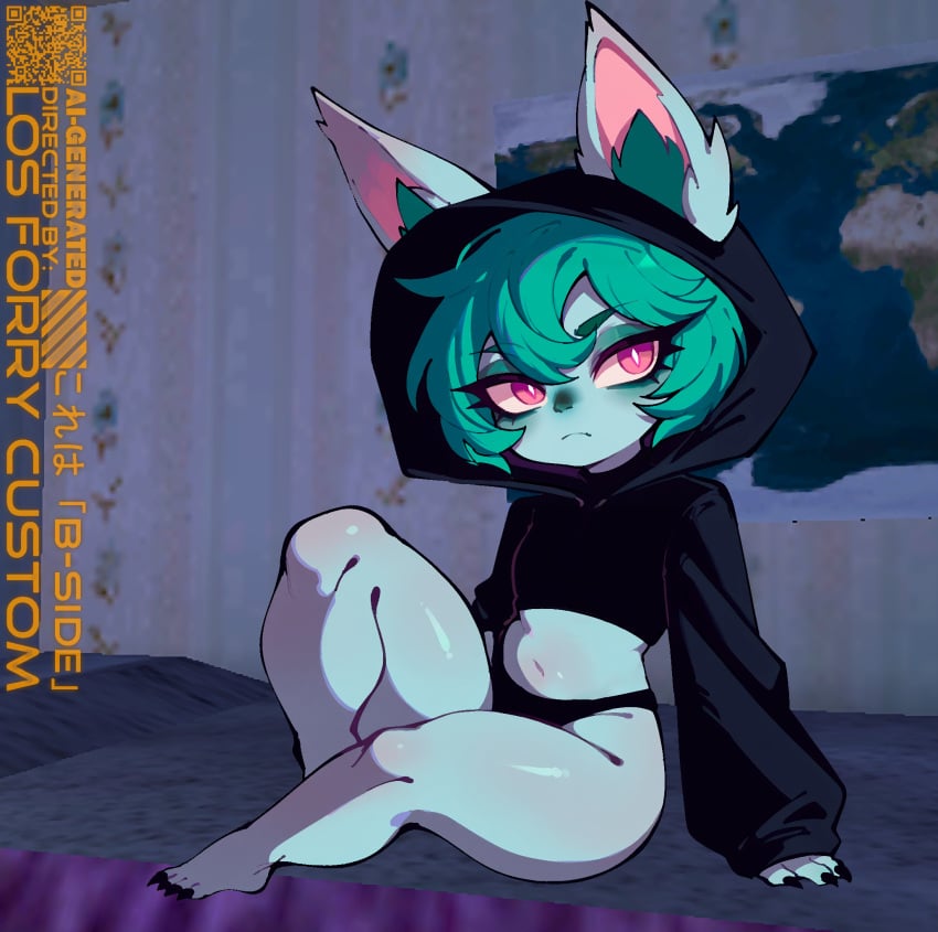 1girls ai_assisted ai_generated black_hoodie black_panties blue_skin counter-strike_(series) crop_top crop_top_hoodie green_hair highleg_panties hood_up hoodie large_ears league_of_legends losforry_custom purple_eyes shortstack sitting solo thick_thighs vex_(league_of_legends) yordle