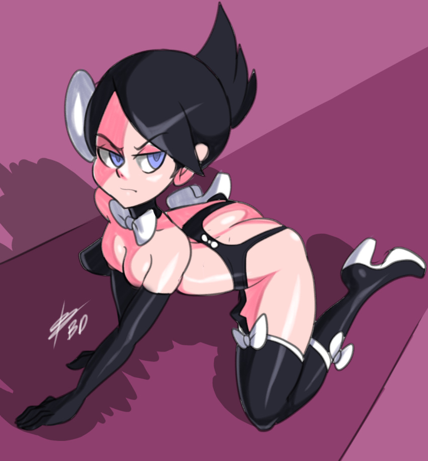 all_fours ass bigdeadalive black_gloves black_hair black_legwear blue_eyes boots bow bow_legwear breasts detached_collar elbow_gloves female female_only frown garter_straps gloves hair_ornament hairbow high_heel_boots high_heels human looking_at_viewer marley_(pokemon) nintendo nude pokemon pokemon_dppt short_hair solo thighhighs