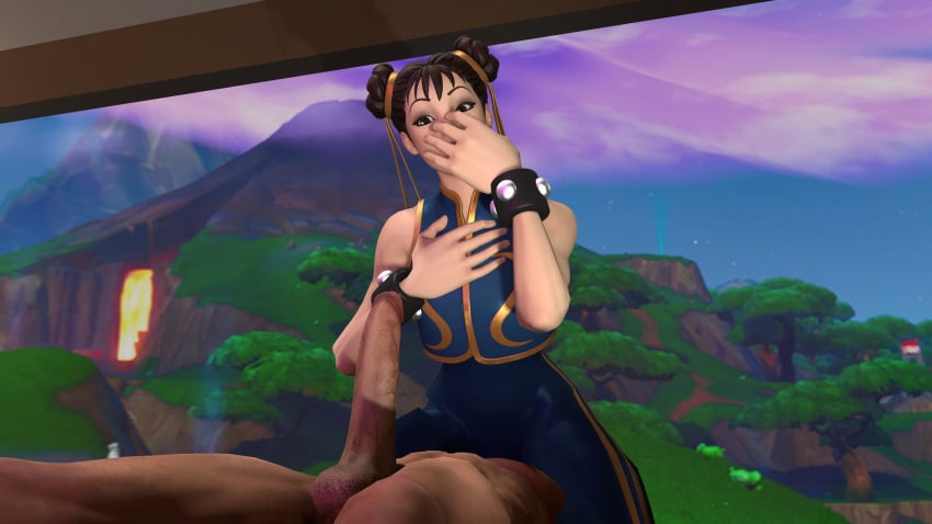 69 69_position balls big_penis bracelet bracelets chun-li chun-li_(fortnite) clothed clothed_female clothing completely_nude completely_nude_male covered_mouth fortnite fully_clothed fully_clothed_female hair_ornament hair_ribbon hand_over_breasts huge_cock huge_cock looking_down looking_down_at_penis nude nude_male parpatroller000 penis street_fighter window