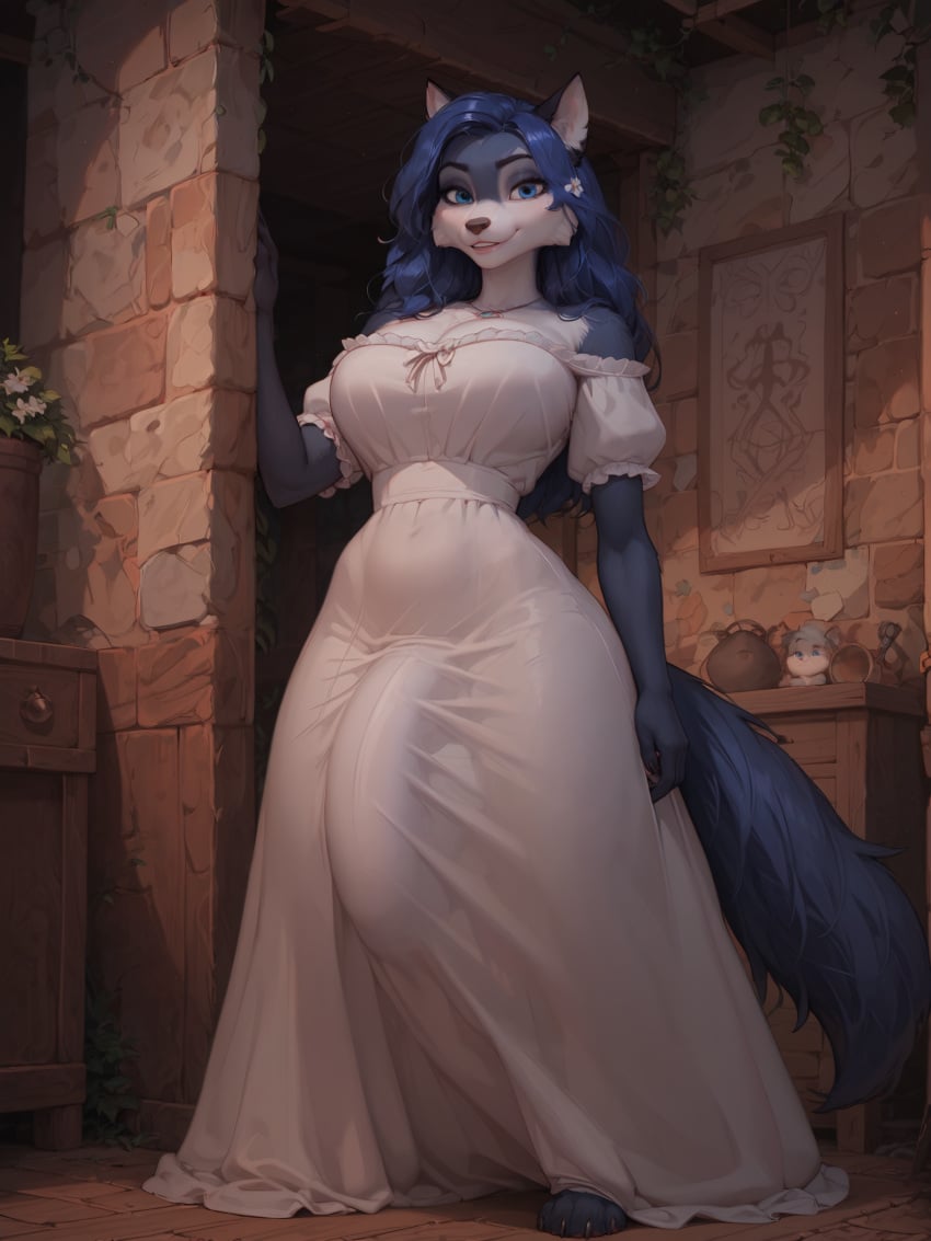 1futa absurd_res ai_art ai_generated anthro bedroom_eyes bianca_(sheep_and_wolves) blue_body blue_eyes blue_fur blue_hair breasts canid canine canis cleavage clothed clothing dickgirl digital_art digital_media digital_media_(artwork) dress fur furry futanari futanari gynomorph hair hi_res intersex karkinosai long_hair looking_at_viewer mammal penis penis_bulge penis_under_clothes penis_under_dress penis_under_skirt penis_visible_through_clothing seductive seductive_look seductive_smile sheep_and_wolves smile smiling smiling_at_viewer solo white_dress wizart_animation wolf