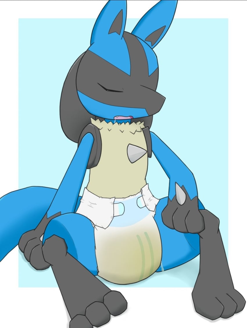 atlas_0197 blue_fur blue_tail closed_eyes diaper drooling furry_only lucario mouth_open no_humans open_mouth peeing pokemon pokemon_(species) sitting sleeping wetting_diaper