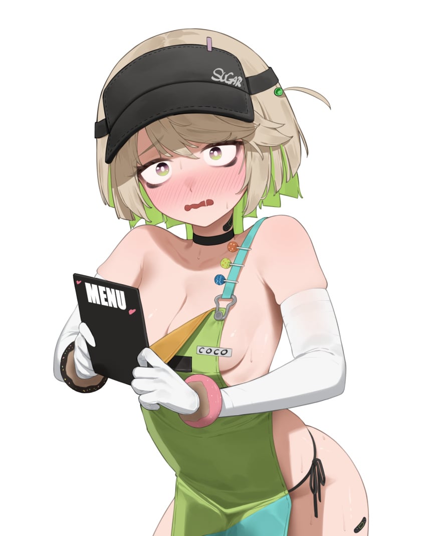 apron black_choker blush breasts choker coco_(zenless_zone_zero) colored_inner_hair female flasso gloves green_apron green_eyes green_hair highres menu multicolored_hair npc_(zenless_zone_zero) short_sidetail simple_background solo visor_cap white_gloves zenless_zone_zero