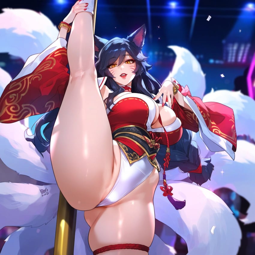 ahri ai_generated animal_ears ass bangs black_hair blurry blurry_background blush braid breasts cleavage depth_of_field detached_sleeves female fingernails fox_ears fox_tail large_breasts league_of_legends leg_lift leg_up lips long_hair long_sleeves looking_at_viewer makeup multiple_tails nail_polish obi outdoors panties pink_nails red_nails sash sky solo standing standing_on_one_leg tail thick_thighs underwear vastaya whisker_markings white_panties wide_sleeves yellow_eyes