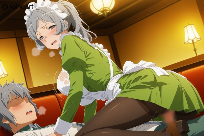 ai_generated bell_cranel blur_censor bouncing_breasts censored cowgirl_position dungeon_ni_deai_wo_motomeru_no_wa_machigatteiru_darou_ka female from_side grey_eyes grey_hair koinaart maid maid_headdress pantyhose penis pussy sex stable_diffusion straddling syr_flover