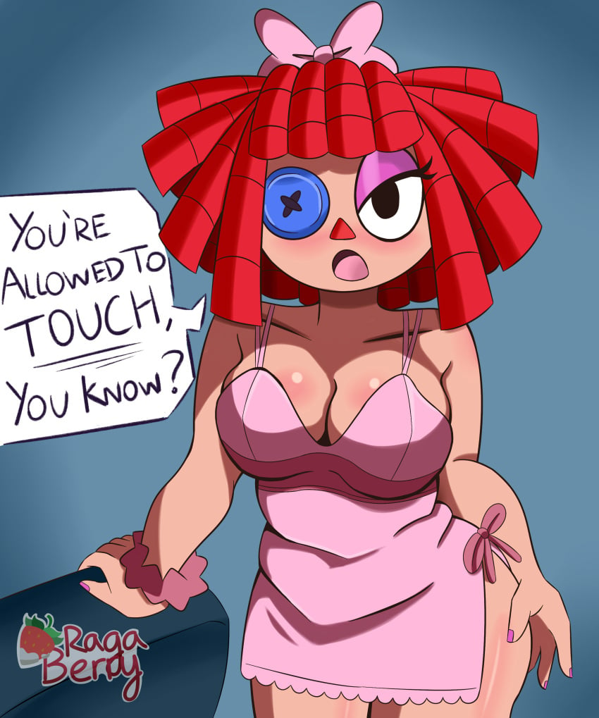 bedroom_eyes big_breasts big_thighs blue_background blush button_eyes cleavage dialogue looking_at_viewer nightdress pink_dress pyjamas ragaberry_(artist) ragatha ragatha_(the_amazing_digital_circus) red_hair spaghetti_strap speech_bubble the_amazing_digital_circus