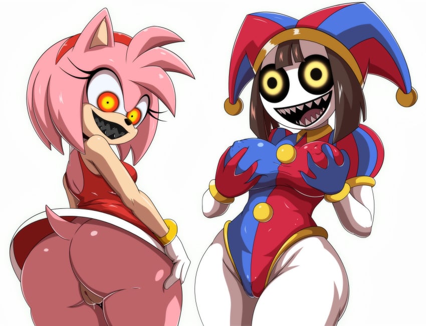 2girls amy_rose ass breasts crossover eastern_and_western_character ghost migi_rider pomni_(the_amazing_digital_circus) possessed possessed_amy_rose possessed_pomni possession sonic_(series) the_amazing_digital_circus