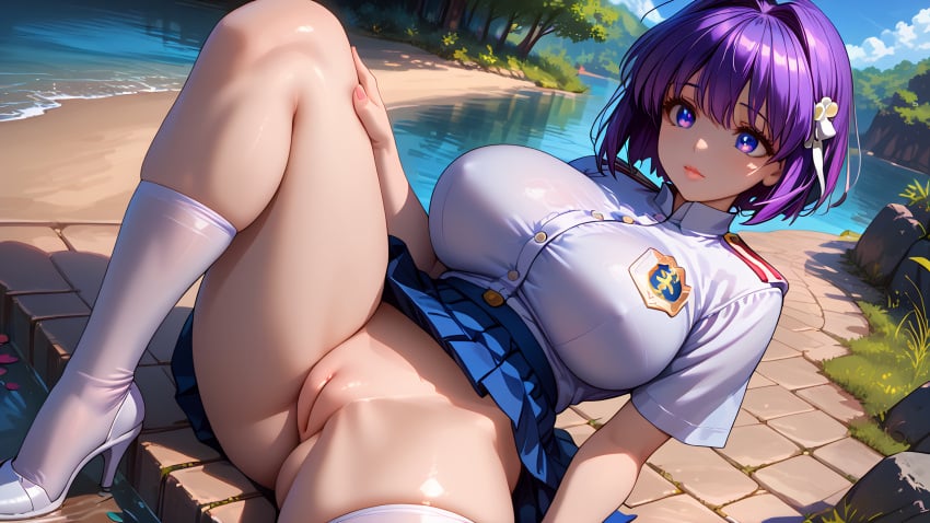 1girls ai_generated big_ass blue_hair blush clannad erect_nipples fujibayashi_ryou giant_breasts hair_ribbon high_heels innie_pussy knee_up legs_apart outdoors purple_hair pussy school_uniform short_hair skindentation skirt slim_waist thick_thighs