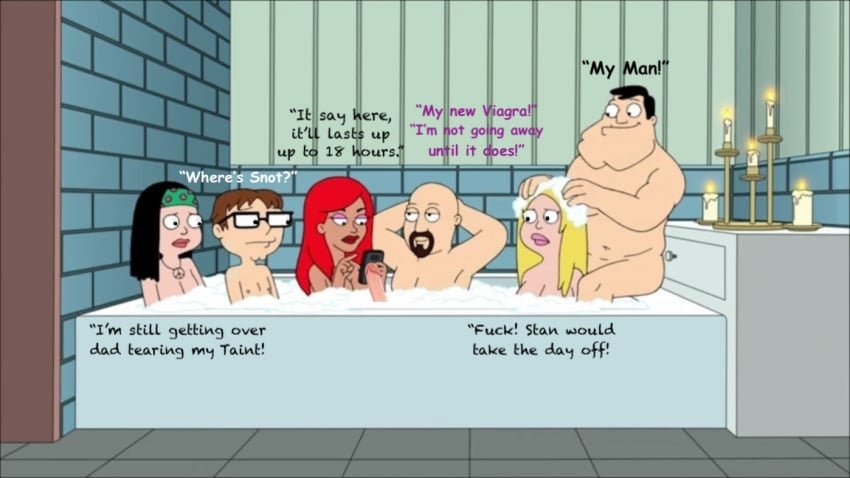 2boys 4girls american_dad bald bath bathroom bathtub black_hair blonde_hair brother_and_sister brown_hair candle dr_weitzman erection family female francine_smith gay glasses hands_behind_head hard_on hayley_smith homosexual_sex husband_and_wife infidelity long_hair necklace nude penis red_hair slut soap stan_smith steve_smith viagra voyeur washing_hair