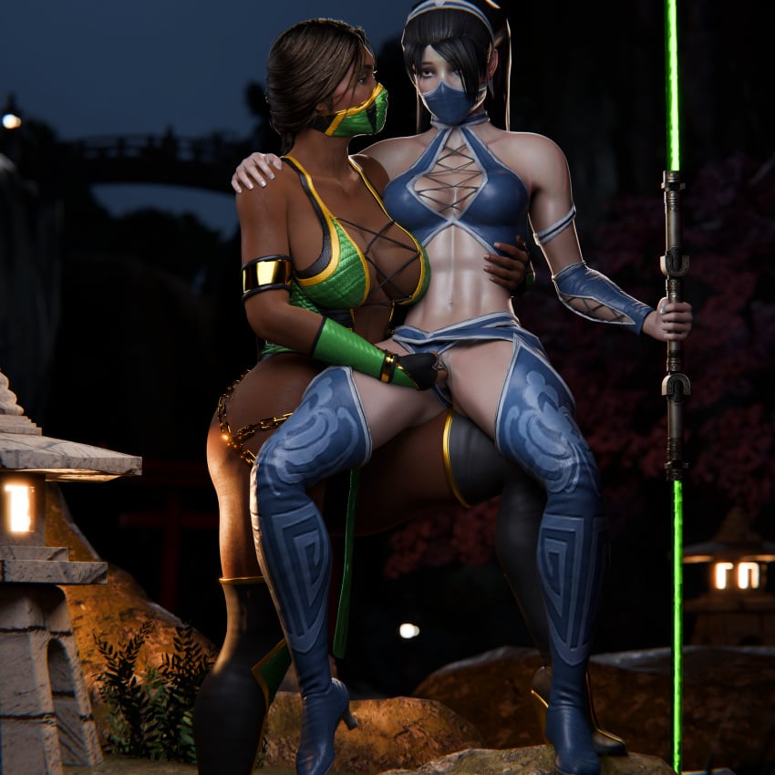 3d 3d_(artwork) big_ass big_breasts fingering jade_(mortal_kombat) kitana mortal_kombat partially_clothed standing tshask vaginal_penetration yuri