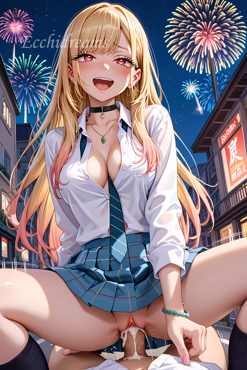 1boy 1girls ai_generated blonde_hair blush blush cleavage cowgirl_position cum cum_in_pussy cum_in_pussy cum_inside ecchidreams ejaculation fireworks from_below hi_res horny horny_female kitagawa_marin kneehighs kneesocks large_breasts long_hair multicolored_hair naughty_face open_clothes open_mouth penis pleasure_face pleasured pleated_skirt pov pussy pussy_juice red_eyes riding riding_penis school_uniform schoolgirl seifuku shaking shirt skirt socks sono_bisque_doll_wa_koi_wo_suru stable_diffusion unbuttoned