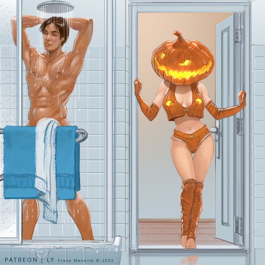 1boy 1girls female frans_mensink halloween male pumpkin_head shower tagme