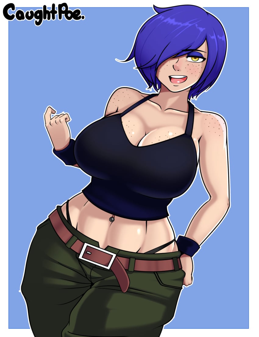 1girls 2d alternate_breast_size beckoning belt big_breasts blue_hair breasts cargo_pants caughtpoe cleavage clothed ed_edd_n_eddy eyeshadow female freckles freckles_on_breasts freckles_on_shoulders fully_clothed hair_over_one_eye half-closed_eyes hand_on_hip huge_breasts kanker_sisters large_breasts looking_at_viewer marie_kanker navel navel_piercing no_penetration no_sex short_hair smile solo solo_female tank_top thong voluptuous yellow_eyes