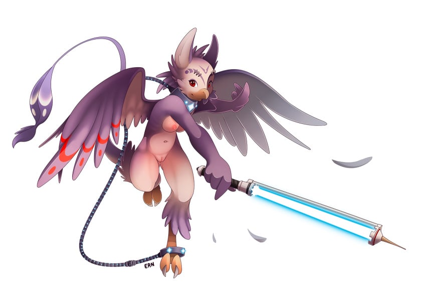 2015 anthro avian b-ern bird breasts chains collar energy_sword feathers female melee_weapon nude purple_feathers pussy solo sword weapon white_background wings